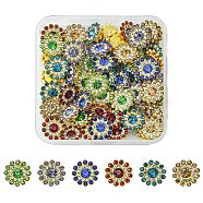 60Pcs 6 Colors Rhinestone Buttons, with Golden Tone Iron Findings, Flower, Mixed Color, 14x5mm, 10pcs/color(RB-YW0001-08)