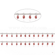 Brass Handmade Beaded Chain, Curb Chains, with Enamel, Long-Lasting Plated, Unwelded, with Spool, Red, 2x1.5x0.8mm, Charm: 6x2x2mm, about 32.8 Feet(10m)/roll(CHC-G011-07P-10)