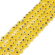 Handmade Lampwork Beads, Flat Round with Evil Eye, Yellow, 4.5x2.5mm, Hole: 0.6mm, about 90~100pcs/strand, 15.35''~15.75''(39~40cm)(LAMP-P056-01H)