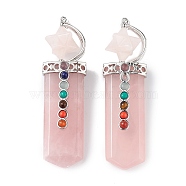Chakra Themed Natural Rose Quartz Big Pendants, Faceted Sword Charms, with Rack Plating Platinum Plated Brass Findings, Cadmium Free & Lead Free, 85~86x24x18.5~20.5mm, Hole: 8x5mm(G-L524-12P-01)
