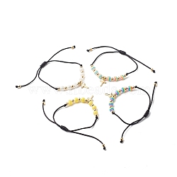 Strip Resin Round Beads Adjustable Cord Bracelet for Girl Women, Cross Brass Charm Bracelet, Mixed Color, Inner Diameter: 3/4~3-1/2 inch(1.8~8.9cm)(BJEW-JB06754)