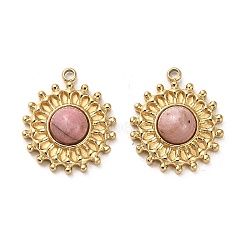 304 Stainless Steel Pave Natural Rhodonite Pendants, Sun Charms, Real 14K Gold Plated, 17.5x15x5mm, Hole: 1.4mm(STAS-L022-077G)