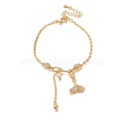 Fishtail Brass Micro Pave Clear Cubic Zirconia Card Paper Chain Bracelets for Women, with ABS Imitation Pearl, Real 18K Gold Plated, 16.8x0.2cm(BJEW-L696-101G)