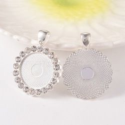 Flat Round Alloy Rhinestone Pendant Cabochon Settings, Cadmium Free & Lead Free, Silver Color Plated, Crystal, Tray: 20mm, 38x29.5x3mm, Hole: 4x7mm, about 45pcs/bag(ALRI-T350-01S)
