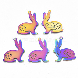 Easter Ion Plating(IP) 201 Stainless Steel Pendants, Etched Metal Embellishments, Rabbit, Rainbow Color, 30x25x0.3mm, Hole: 1.8mm(STAS-R114-021)