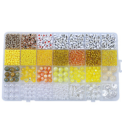 DIY 28 Style Resin & Acrylic & ABS Beads Jewelry Making Finding Kit, Flat Round & Rice & Barrel & Nugget & Heart & Strip, Yellow, 5.5~18.5x7~14x2~12x1.5~11mm, Hole: 0.7~2mm(DIY-NB0012-03H)