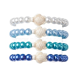 4Pcs 4 Colors Summer Dyed Synthetic Turquoise Turtle Bracelets, Beach Round Glass Pearl Beaded Stretch Bracelets for Women, Mixed Color, Inner Diameter: 2-1/8 inch(5.5cm), Round: 8mm, 1pc/color(BJEW-JB10258)