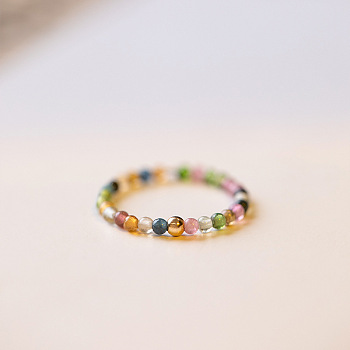 Natural Rainbow Tourmaline Round Beaded Finger Rings, Golden, US Size 6(16.5mm)