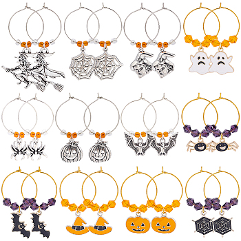 BENECREAT 24Pcs 12 Styles Halloween Witch & Bat & Spider & Pumpkin & Ghost Alloy Dangle Wine Glass Charms with Glass Beads, Brass Hoop Earrings, Mixed Color, 41~69mm, Pin: 0.8mm, 2pcs/style