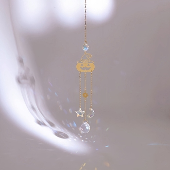 Teardrop Glass Suncatchers, Halloween Metal Hanging Ornaments, Rainbow Maker, for Garden & Home Decoration, Pumpkin, 390~440mm