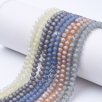 Electroplate Transparent Glass Beads Strands, Full Rainbow Plated, Faceted, Matte, Rondelle, Mixed Color, 6x5mm, Hole: 1mm, about 85~88pcs/strand, 16.1~16.5 inch(41~42cm)