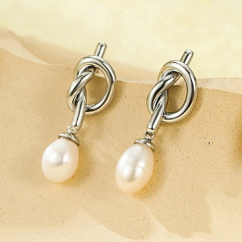 304 Stainless Steel knot Stud Earrings, with Freshwater Pearl Beads, Stainless Steel Color, 26.5x8.5mm