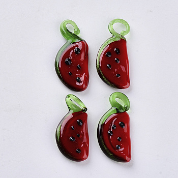 Handmade Lampwork Pendants, Watermelon, Dark Red, 23~26x11~12x3.5~4.5mm, Hole: 1.5~4.5mm