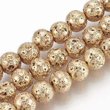 Electroplated Natural Lava Rock Beads Strands, Round, Bumpy, Light Gold Plated, 9mm, Hole: 1mm, about 47pcs/strand, 15.7 inch