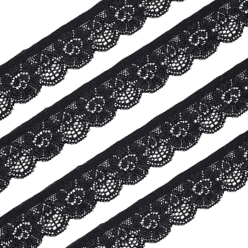 Guipure Stretch Lace Trim, Polyester Lace Ribbon, Flower Pattern, Garment Accessories, Black, 1 inch(25mm)