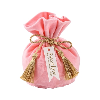 Velvet Pouches, with Drawstring Tassel, Paper Cards, Iron Pendants & Clasps, Pink, 13.6x14.7cm