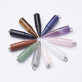 Natural & Synthetic Mixed Stone Pointed Pendants, with 201 Stainless Steel Split Rings, Bullet, Stainless Steel Color, 42~46x10mm, Hole: 5mm