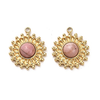 304 Stainless Steel Pave Natural Rhodonite Pendants, Sun Charms, Real 14K Gold Plated, 17.5x15x5mm, Hole: 1.4mm