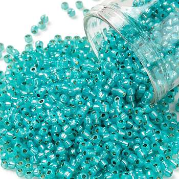 TOHO Round Seed Beads, Japanese Seed Beads, (PF2104) PermaFinish Turquoise Opal Silver Lined, 11/0, 2.2mm, Hole: 0.8mm, about 50000pcs/pound