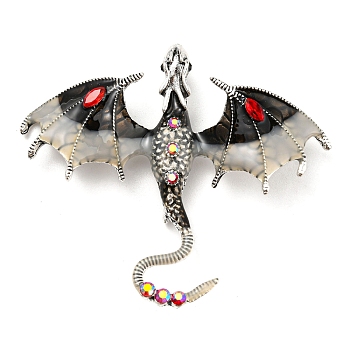 Dragon Enamel Pins, Antique Silver Alloy Rhinestone Brooch, Black, 61x70.5x10.5mm