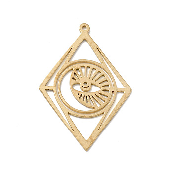Brass Pendants, Rhombus with Moon & Eye, Golden, 42x27.5x0.5mm, Hole: 1.4mm