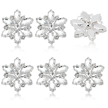 6Pcs 1-Hole Brass Shank Buttons, with Glass Rhinestone, Flower, Crystal, 22x25x9mm, Hole: 1.2mm