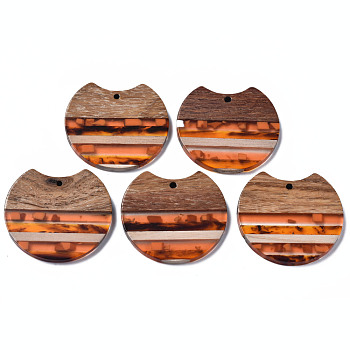Resin & Walnut Wood Pendants, Gap Flat Round, Dark Orange, 34x37x3mm, Hole: 1.8mm