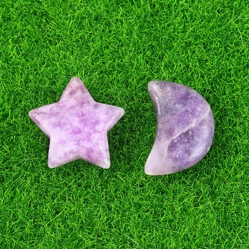 Natural Lilac Jade Healing Moon & Star Ornaments, Reiki Energy Stone Display Decorations, 20x14~20mm, 2pcs/set