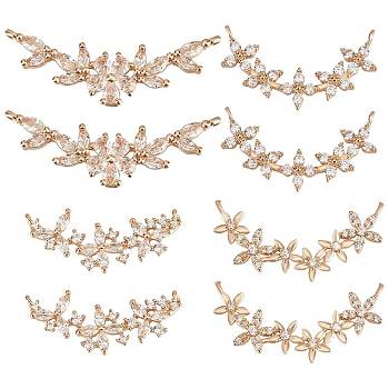 8Pcs 4 Styles Brass Pave Clear Cubic Zirconia Connector Charms, Flower Links, Mixed Shapes, Light Gold, 12.5~15.5x27~38.5x4mm, Hole: 1~1.2mm, 2pcs/style