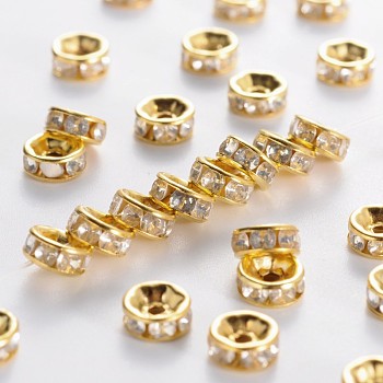 Iron Rhinestone Spacer Beads, Grade B, Rondelle, Straight Edge, Clear, Golden, 6x3mm, Hole: 1.5mm
