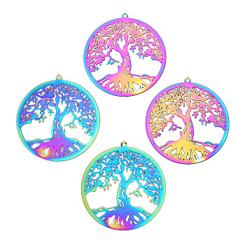 201 Stainless Steel Filigree Pendants, Etched Metal Embellishments, Tree of Life, Rainbow Color, 32x30x0.2mm, Hole: 1.2mm