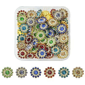 60Pcs 6 Colors Rhinestone Buttons, with Golden Tone Iron Findings, Flower, Mixed Color, 14x5mm, 10pcs/color