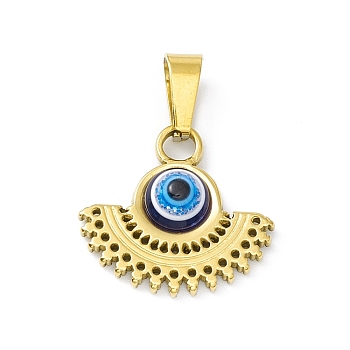 Vacuum Plating 304 Stainless Steel Resin Charms, Golden, Fan Charms with Evil Eye, Midnight Blue, 14x15x4mm, Hole: 5x3mm