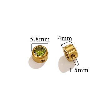 304 Stainless Steel Glass Beads, Birthstone Beads, Flat Round, Real 18K Gold Plated, Yellow Green, 6x4mm, Hole: 1.4mm