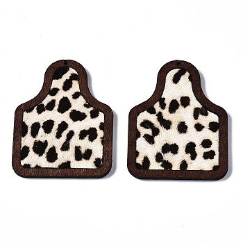 Eco-Friendly Cowhide Leather Big Pendants, with Dyed Wood, Bottle with Leopard Print, Coconut Brown, 58x45x3mm, Hole: 1.5mm
