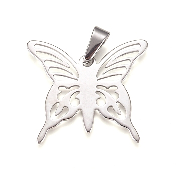 304 Stainless Steel Pendants, Butterfly, Stainless Steel Color, 31x35x1mm, Hole: 10x4.5mm