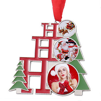 Christmas Themed Sublimation Blank Alloy Pendant Decorations, Alloy Blank Photo Picture Pendant, with Polyester Ribbon, Tree, 71x72.5x2.2mm, Hole: 3.3mm, Tray: 15~27mm