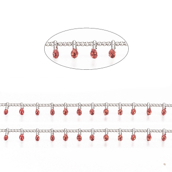 Brass Handmade Beaded Chain, Curb Chains, with Enamel, Long-Lasting Plated, Unwelded, with Spool, Red, 2x1.5x0.8mm, Charm: 6x2x2mm, about 32.8 Feet(10m)/roll