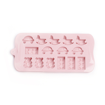 Food Grade Silicone Molds, Fondant Molds, For DIY Cake Decoration, Chocolate, Candy, UV Resin & Epoxy Resin Jewelry Making, Hobbyhorse & Bear & Car & Rectangle, Pink, 222x108x14~15.5mm, Car: 16x32.5mm, Hobbyhorse: 25.5x18.5mm, Rectangle: 35.5x21.5mm, Bear: 29x22mm