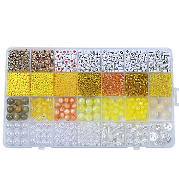 DIY 28 Style Resin & Acrylic & ABS Beads Jewelry Making Finding Kit, Flat Round & Rice & Barrel & Nugget & Heart & Strip, Yellow, 5.5~18.5x7~14x2~12x1.5~11mm, Hole: 0.7~2mm