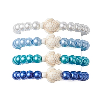 4Pcs 4 Colors Summer Dyed Synthetic Turquoise Turtle Bracelets, Beach Round Glass Pearl Beaded Stretch Bracelets for Women, Mixed Color, Inner Diameter: 2-1/8 inch(5.5cm), Round: 8mm, 1pc/color