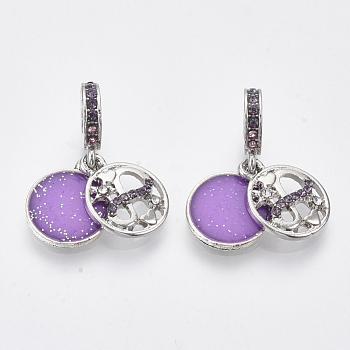 Alloy European Dangle Charms, with Crystal Rhinestone and Enamel, Large Hole Pendants, Quote Pendants, Flat Round with Word I Love You Fo Infinify & Beyond, for Valentine's Day, Purple, Platinum, 27mm, Hole: 5mm, Flat Round: 16x12.5x2.5mm