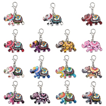 30Pcs 15 Colors Alloy Enamel Pendant Decorations, Elephant with Flower, with Lobster Claw Clasps, Platinum, Mixed Color, 30mm, 2pcs/color