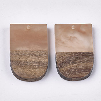 Resin & Walnut Wood Pendants, U Shape, BurlyWalnut Wood, 32x19.5x3.5~4.5mm, Hole: 2mm