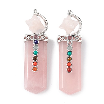 Chakra Themed Natural Rose Quartz Big Pendants, Faceted Sword Charms, with Rack Plating Platinum Plated Brass Findings, Cadmium Free & Lead Free, 85~86x24x18.5~20.5mm, Hole: 8x5mm