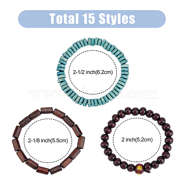 15Pcs 15 Style Round & Column & Disc Wood Beaded Stretch Bracelets Set(BJEW-FI0001-26)-2