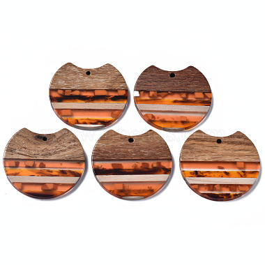 Dark Orange Flat Round Resin+Wood Pendants