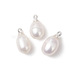 Natural Cultured Freshwater Pearl Rice Charms, with Brass Bails, White, Silver, 12.5~13x6.5~7.5mm, Hole: 1.6mm(PALLOY-JF04822)