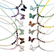 Natural & Synthetic Mixed Gemstone Faceted Butterfly  Pendant Necklaces, Glass Seed Beaded Necklaces for Women, 18.82 inch(47.8cm)(NJEW-G143-01)