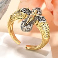 Brass Micro Pave Clear Cubic Zirconia Cuff Rings, Cross Rings for Women, with Juses, Platinum & Golden, 18.5mm(RJEW-U035-02GP-02)